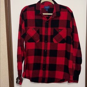 Arizona Jean Co. Mens Flannel Plaid Black Red Button Up Large Outdoor Lumberjack